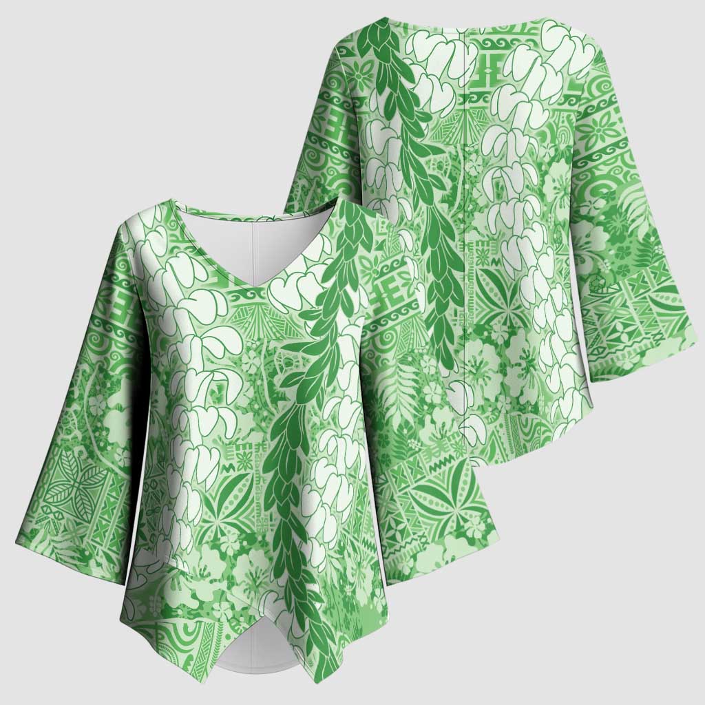 Green Puakenikeni and Maile Lei Kimono Sleeve Blouse Hawaiian Style Tribal Tapa Double Strand Lei LT9 - Polynesian Pride