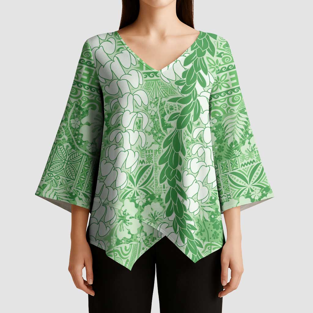 Green Puakenikeni and Maile Lei Kimono Sleeve Blouse Hawaiian Style Tribal Tapa Double Strand Lei LT9 - Polynesian Pride