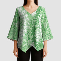 Green Puakenikeni and Maile Lei Kimono Sleeve Blouse Hawaiian Style Tribal Tapa Double Strand Lei LT9 - Polynesian Pride