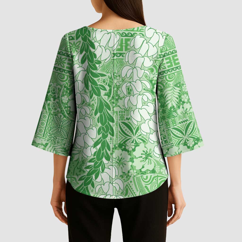 Green Puakenikeni and Maile Lei Kimono Sleeve Blouse Hawaiian Style Tribal Tapa Double Strand Lei LT9 - Polynesian Pride