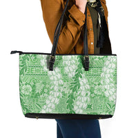 Green Puakenikeni and Maile Lei Leather Tote Bag Hawaiian Style Tribal Tapa Double Strand Lei LT9 - Polynesian Pride