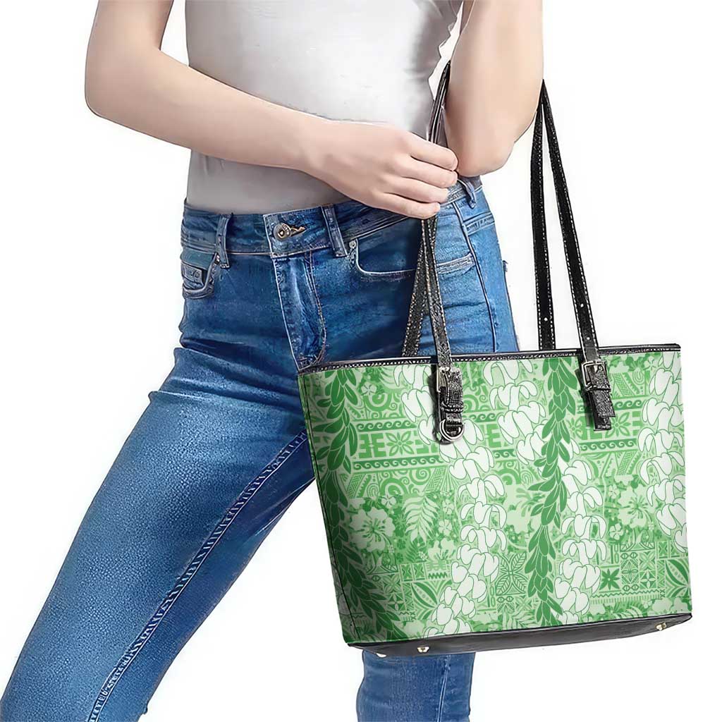 Green Puakenikeni and Maile Lei Leather Tote Bag Hawaiian Style Tribal Tapa Double Strand Lei LT9 - Polynesian Pride