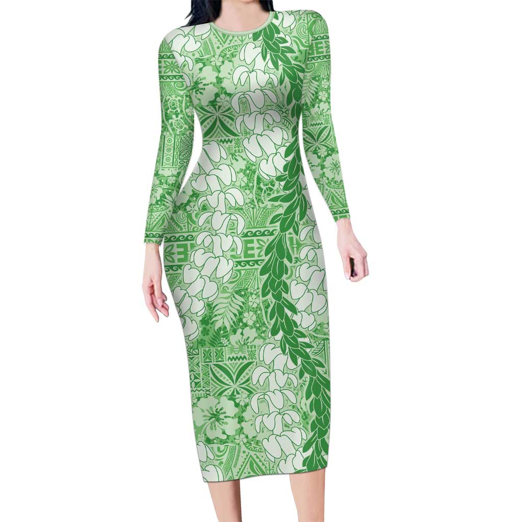 Green Puakenikeni and Maile Lei Long Sleeve Bodycon Dress Hawaiian Style Tribal Tapa Double Strand Lei LT9 Long Dress Green - Polynesian Pride