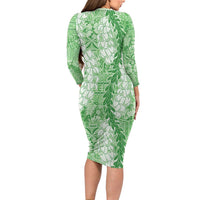 Green Puakenikeni and Maile Lei Long Sleeve Bodycon Dress Hawaiian Style Tribal Tapa Double Strand Lei LT9 - Polynesian Pride