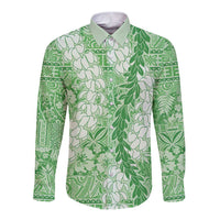 Green Puakenikeni and Maile Lei Long Sleeve Button Shirt Hawaiian Style Tribal Tapa Double Strand Lei LT9 Unisex Green - Polynesian Pride