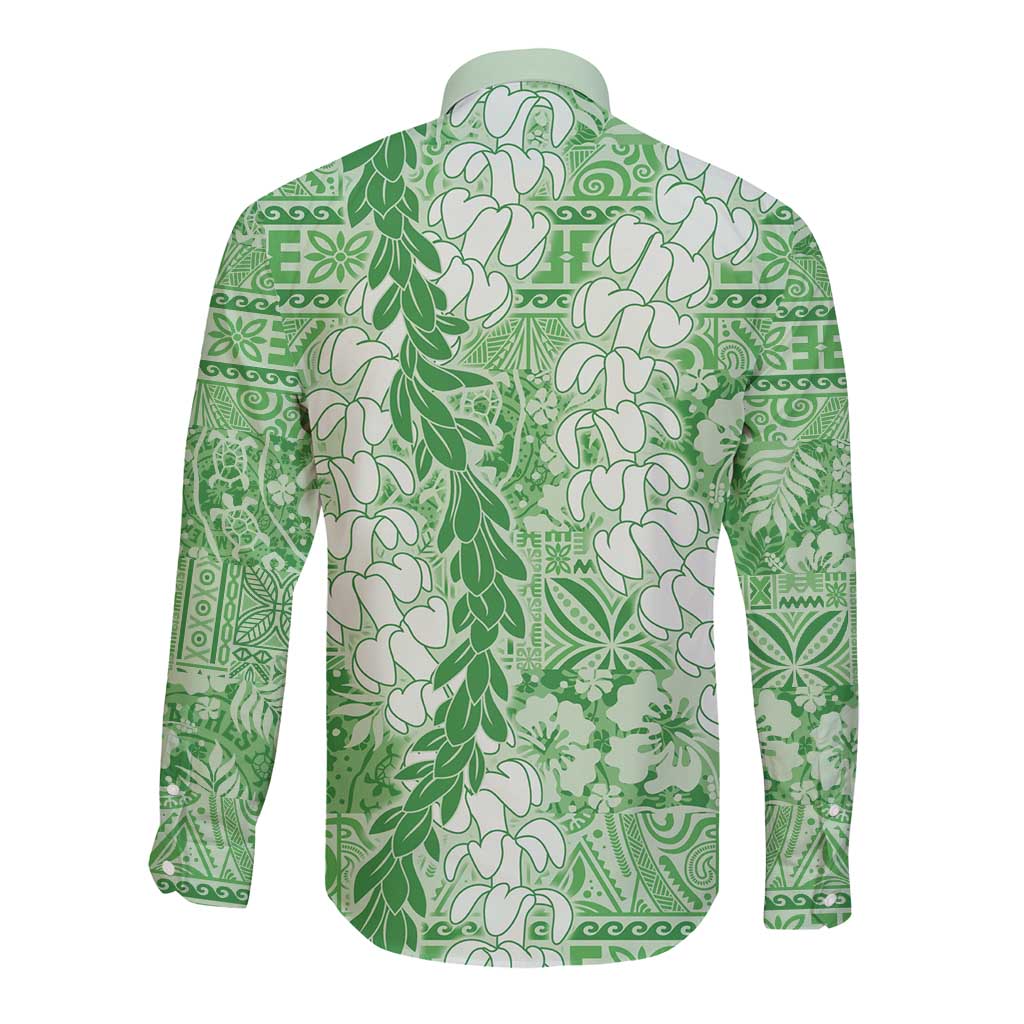 Green Puakenikeni and Maile Lei Long Sleeve Button Shirt Hawaiian Style Tribal Tapa Double Strand Lei LT9 - Polynesian Pride