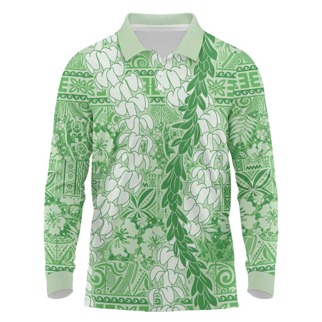 Green Puakenikeni and Maile Lei Long Sleeve Polo Shirt Hawaiian Style Tribal Tapa Double Strand Lei LT9 Green - Polynesian Pride