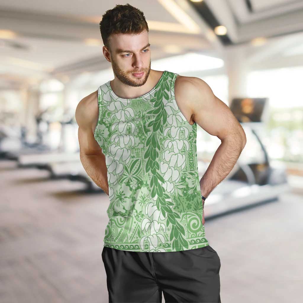 Green Puakenikeni and Maile Lei Men Tank Top Hawaiian Style Tribal Tapa Double Strand Lei