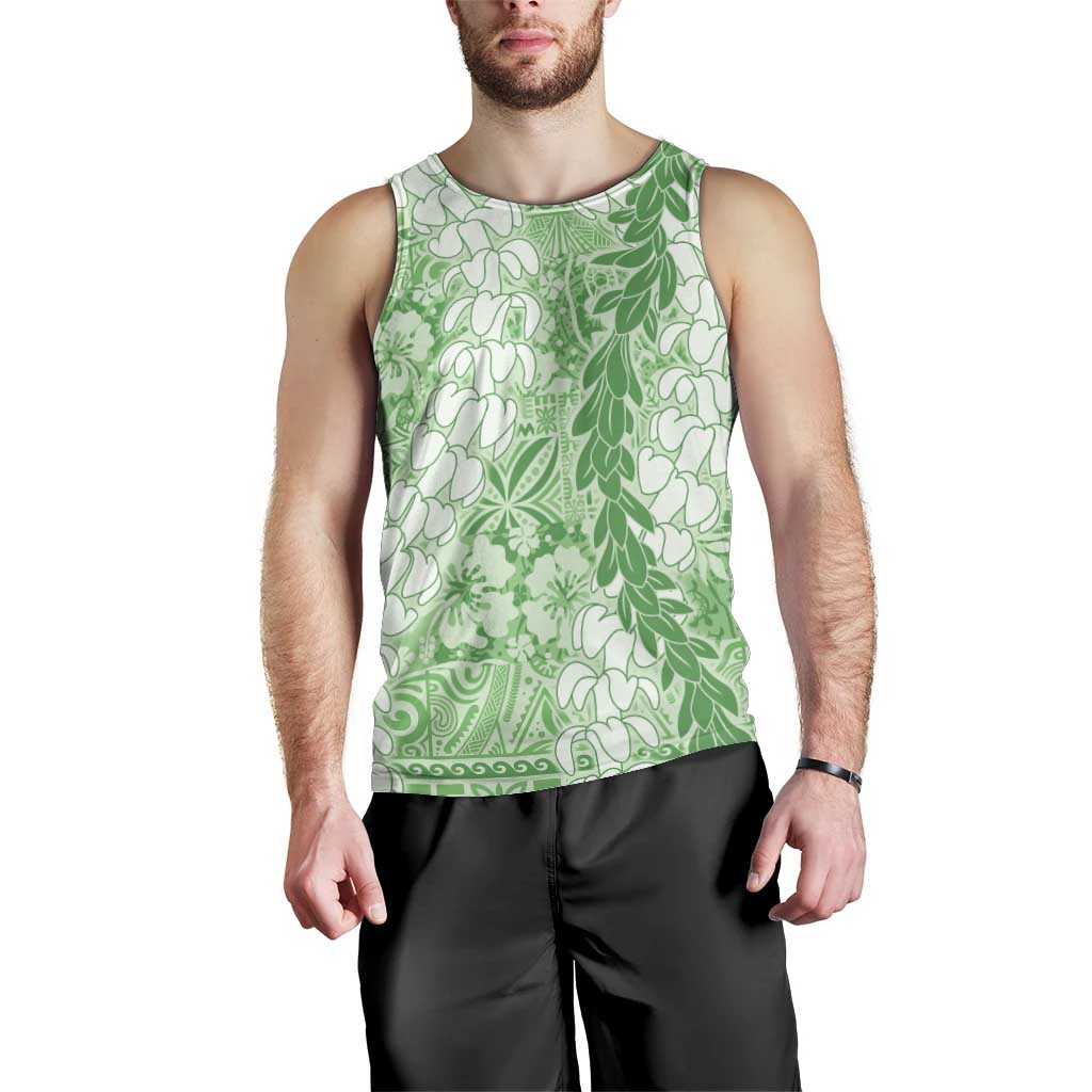 Green Puakenikeni and Maile Lei Men Tank Top Hawaiian Style Tribal Tapa Double Strand Lei LT9 - Polynesian Pride