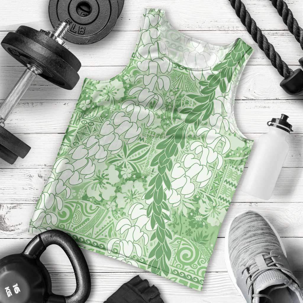Green Puakenikeni and Maile Lei Men Tank Top Hawaiian Style Tribal Tapa Double Strand Lei LT9 - Polynesian Pride