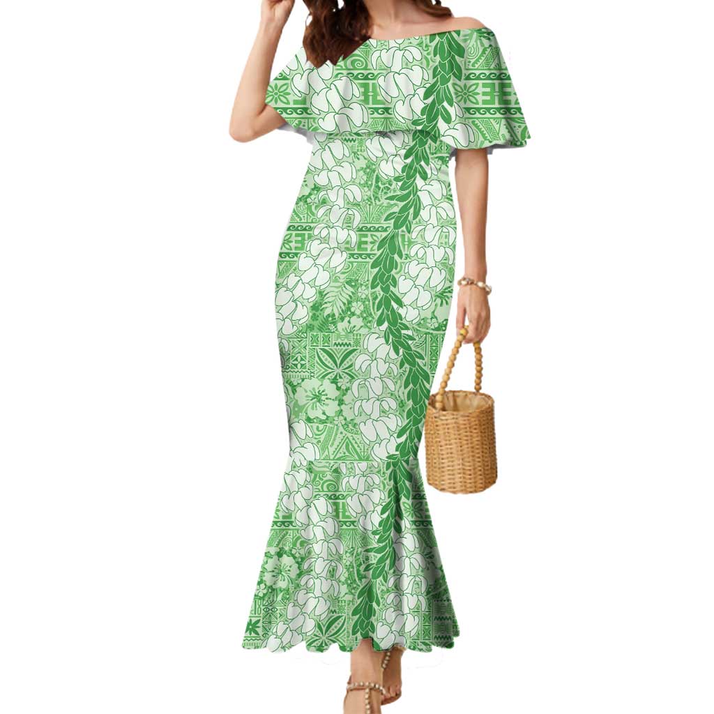 Green Puakenikeni and Maile Lei Mermaid Dress Hawaiian Style Tribal Tapa Double Strand Lei LT9 Women Green - Polynesian Pride