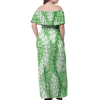 Green Puakenikeni and Maile Lei Off Shoulder Maxi Dress Hawaiian Style Tribal Tapa Double Strand Lei LT9 - Polynesian Pride