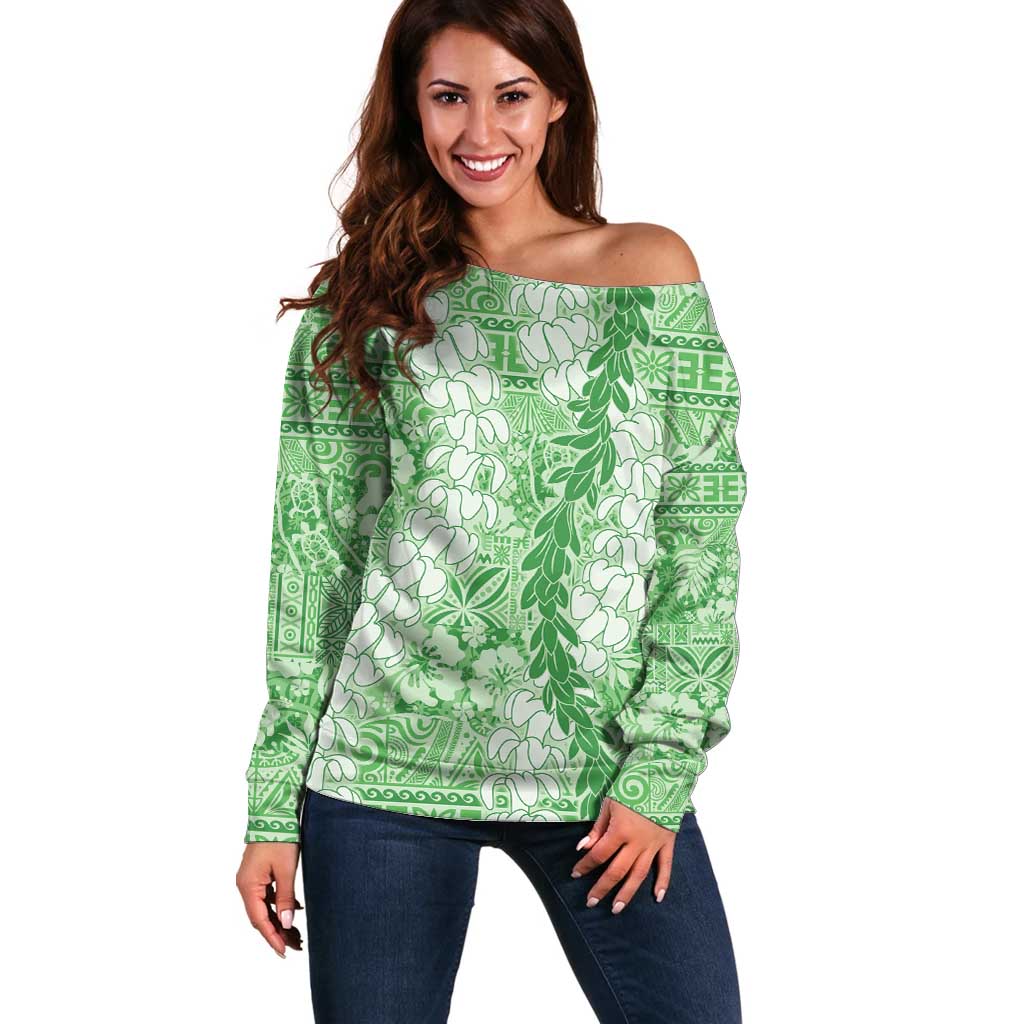 Green Puakenikeni and Maile Lei Off Shoulder Sweater Hawaiian Style Tribal Tapa Double Strand Lei LT9 Women Green - Polynesian Pride