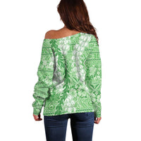 Green Puakenikeni and Maile Lei Off Shoulder Sweater Hawaiian Style Tribal Tapa Double Strand Lei LT9 - Polynesian Pride