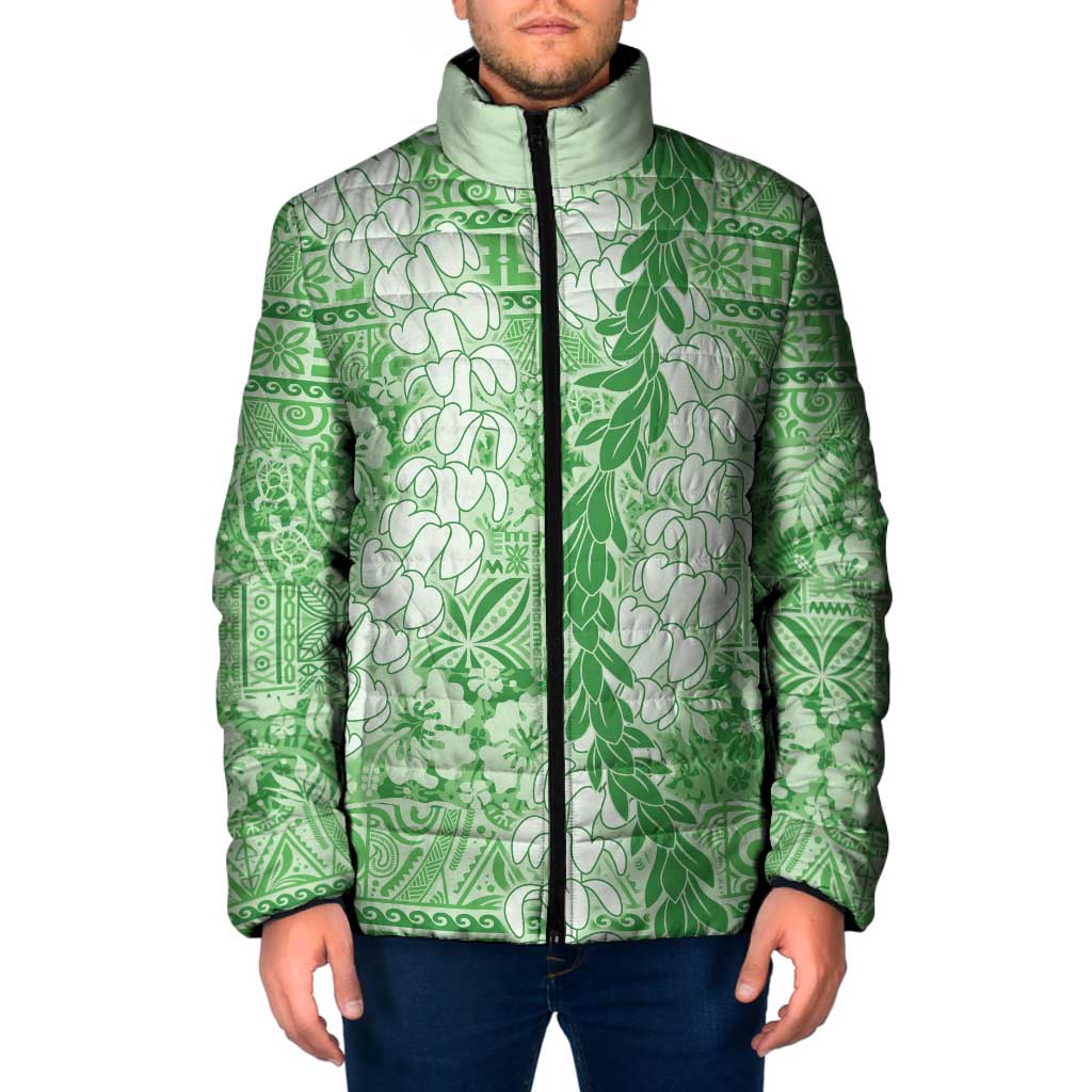 Green Puakenikeni and Maile Lei Padded Jacket Hawaiian Style Tribal Tapa Double Strand Lei LT9 Men Green - Polynesian Pride