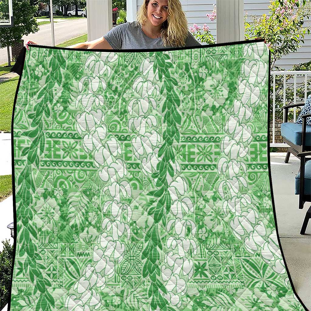 Green Puakenikeni and Maile Lei Quilt Hawaiian Style Tribal Tapa Double Strand Lei LT9 Green - Polynesian Pride