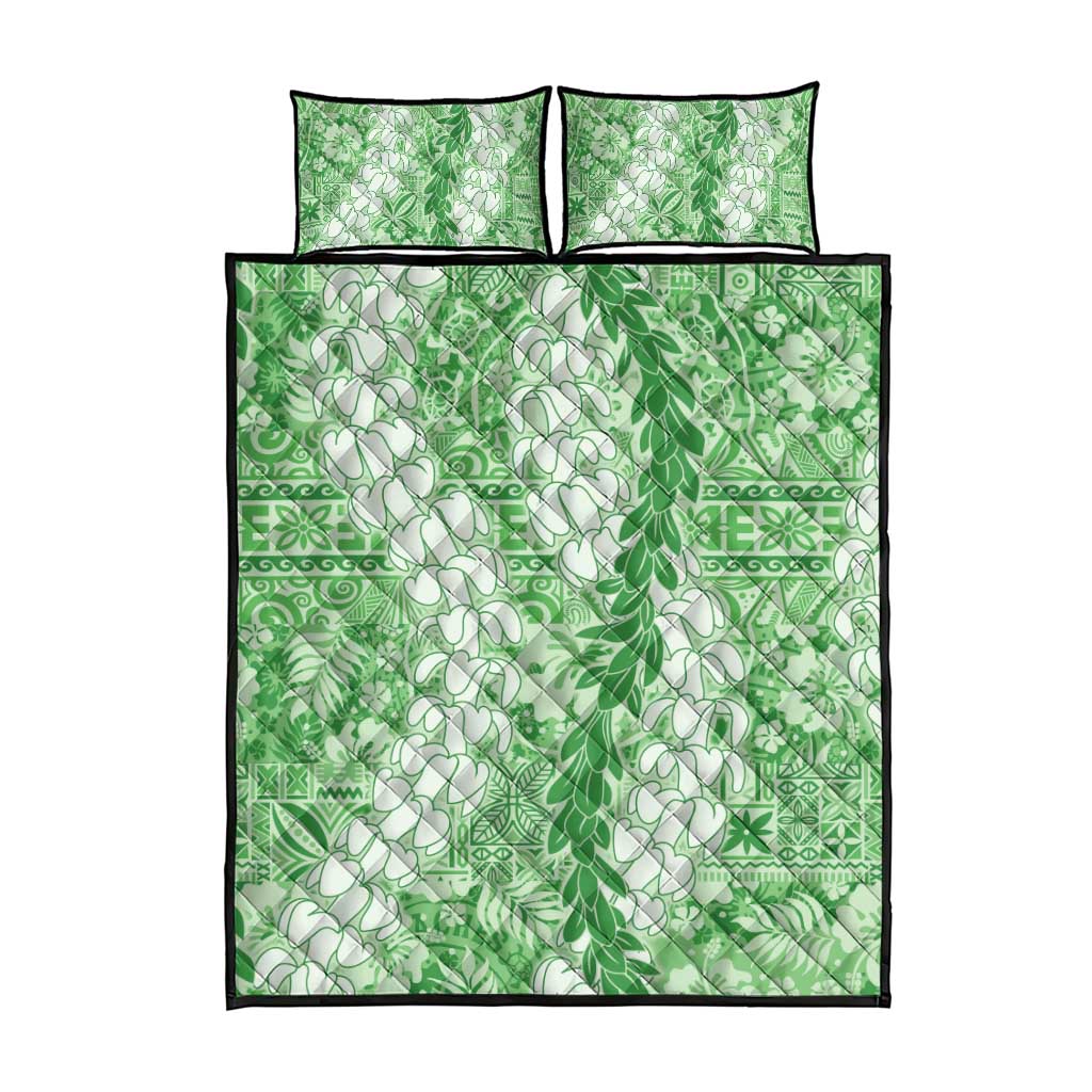 Green Puakenikeni and Maile Lei Quilt Bed Set Hawaiian Style Tribal Tapa Double Strand Lei LT9 - Polynesian Pride