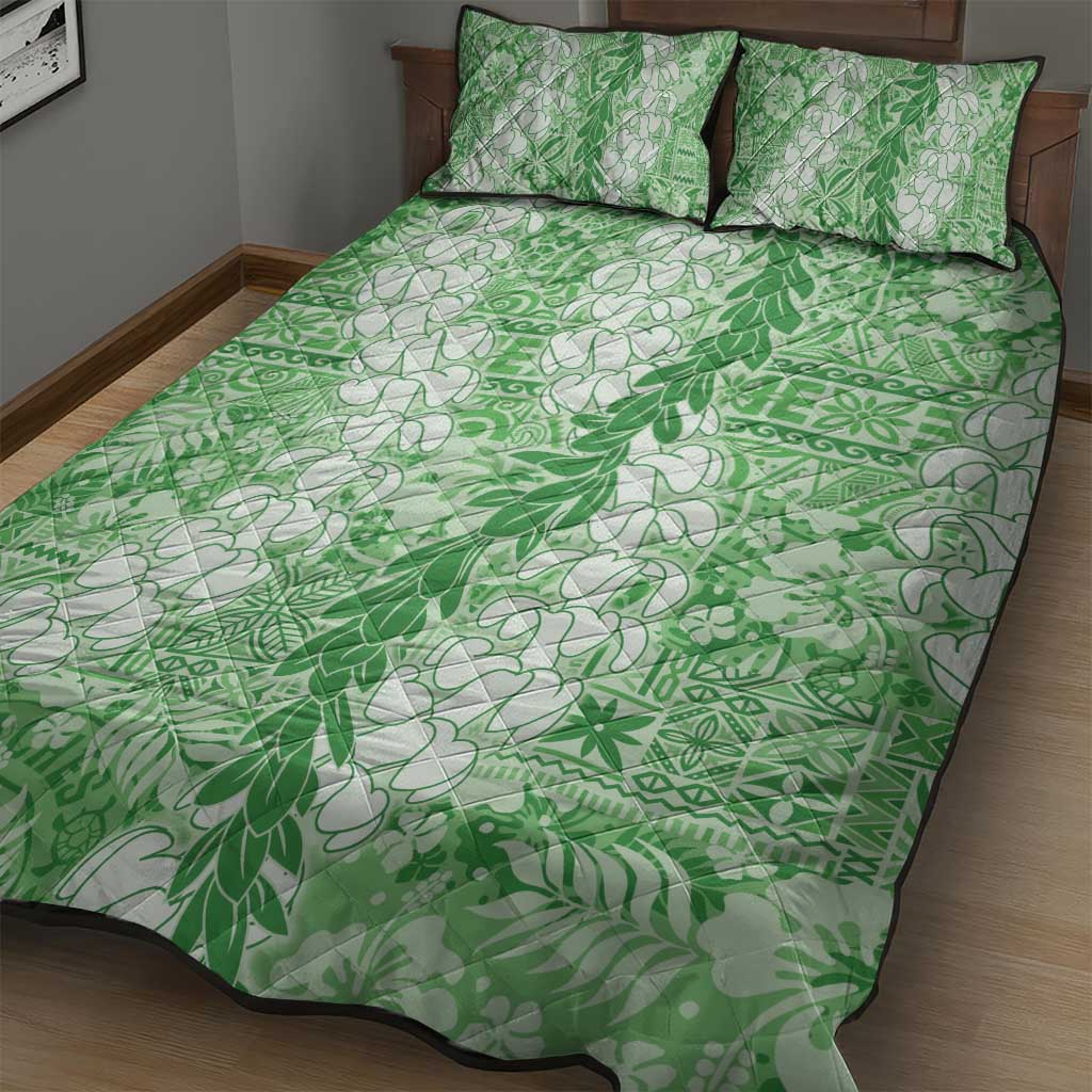 Green Puakenikeni and Maile Lei Quilt Bed Set Hawaiian Style Tribal Tapa Double Strand Lei LT9 - Polynesian Pride