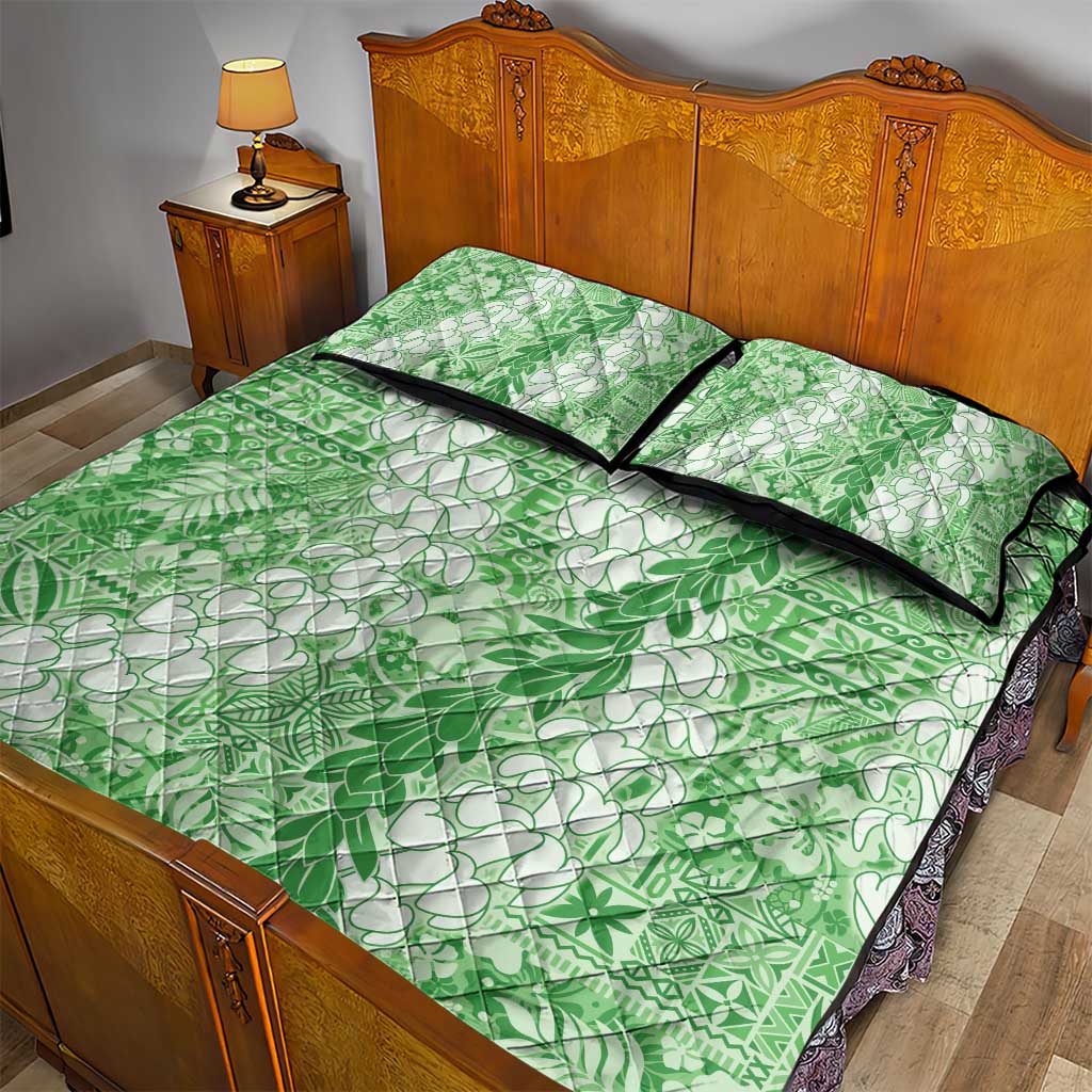 Green Puakenikeni and Maile Lei Quilt Bed Set Hawaiian Style Tribal Tapa Double Strand Lei LT9 - Polynesian Pride