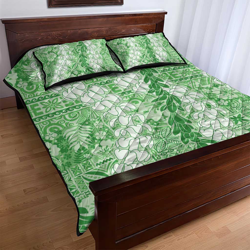 Green Puakenikeni and Maile Lei Quilt Bed Set Hawaiian Style Tribal Tapa Double Strand Lei LT9 - Polynesian Pride