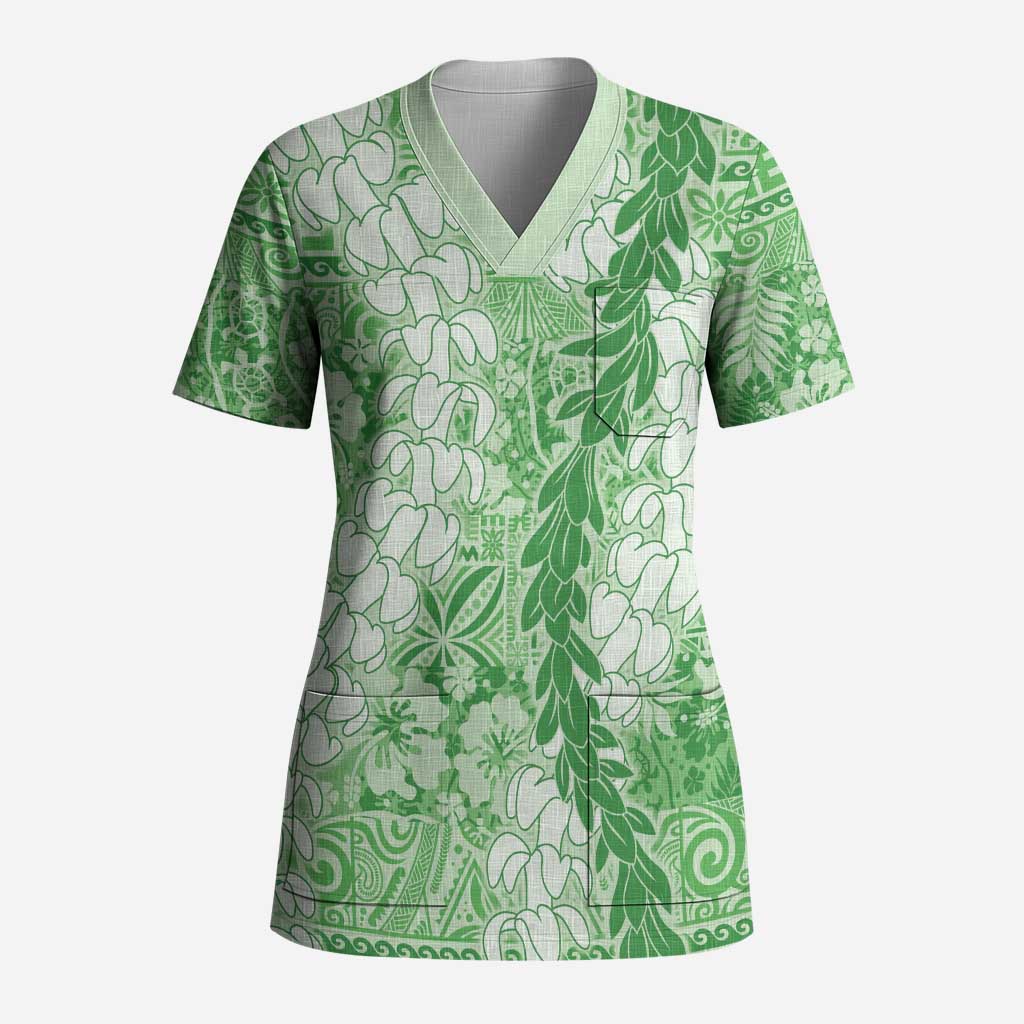 Green Puakenikeni and Maile Lei Scrub Top Hawaiian Style Tribal Tapa Double Strand Lei LT9 Adult Green - Polynesian Pride