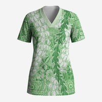 Green Puakenikeni and Maile Lei Scrub Top Hawaiian Style Tribal Tapa Double Strand Lei LT9 Adult Green - Polynesian Pride