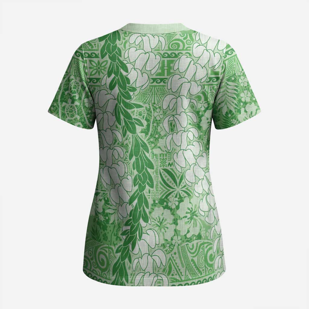Green Puakenikeni and Maile Lei Scrub Top Hawaiian Style Tribal Tapa Double Strand Lei LT9 - Polynesian Pride
