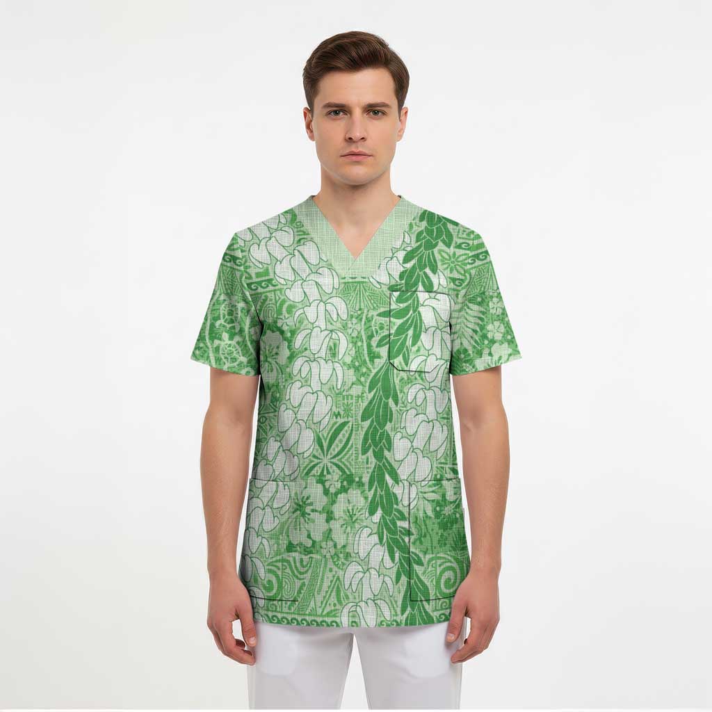 Green Puakenikeni and Maile Lei Scrub Top Hawaiian Style Tribal Tapa Double Strand Lei LT9 - Polynesian Pride