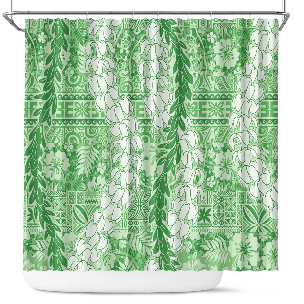 Green Puakenikeni and Maile Lei Shower Curtain Hawaiian Style Tribal Tapa Double Strand Lei LT9 Green - Polynesian Pride
