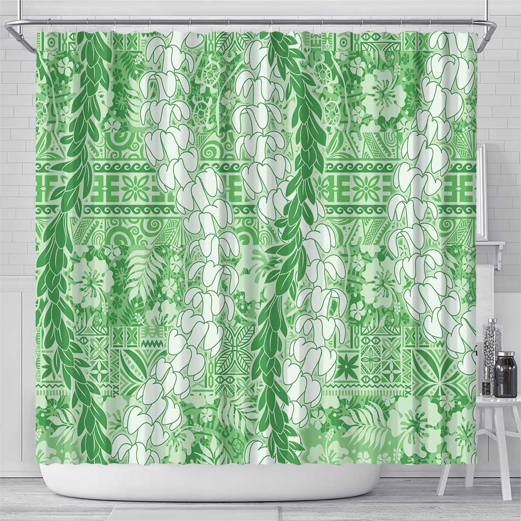 Green Puakenikeni and Maile Lei Shower Curtain Hawaiian Style Tribal Tapa Double Strand Lei LT9 - Polynesian Pride