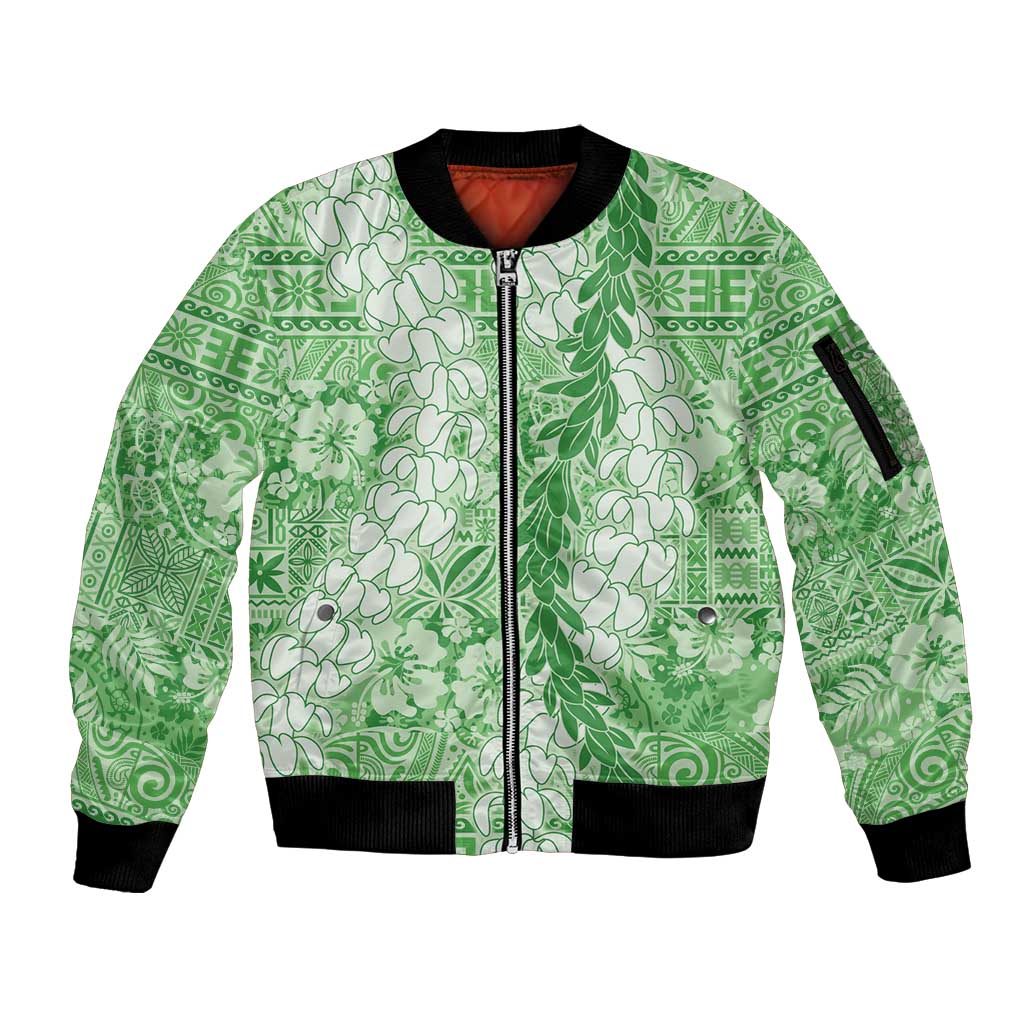 Green Puakenikeni and Maile Lei Sleeve Zip Bomber Jacket Hawaiian Style Tribal Tapa Double Strand Lei LT9 Unisex Green - Polynesian Pride