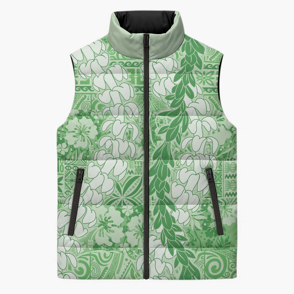 Green Puakenikeni and Maile Lei Sleeveless Puffer Jacket Hawaiian Style Tribal Tapa Double Strand Lei LT9 Unisex Green - Polynesian Pride