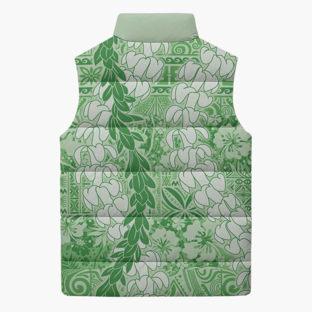 Green Puakenikeni and Maile Lei Sleeveless Puffer Jacket Hawaiian Style Tribal Tapa Double Strand Lei LT9 - Polynesian Pride