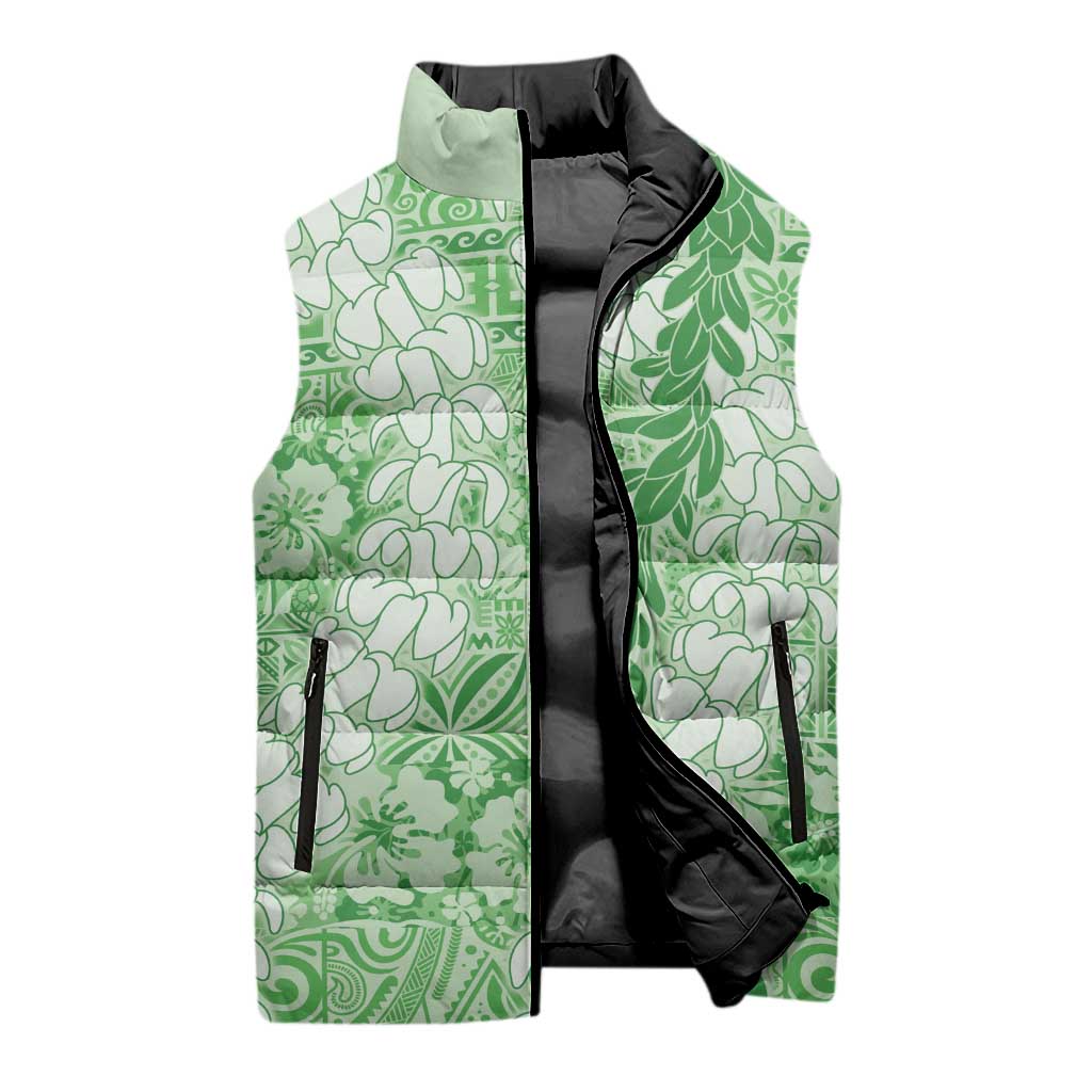 Green Puakenikeni and Maile Lei Sleeveless Puffer Jacket Hawaiian Style Tribal Tapa Double Strand Lei LT9 - Polynesian Pride