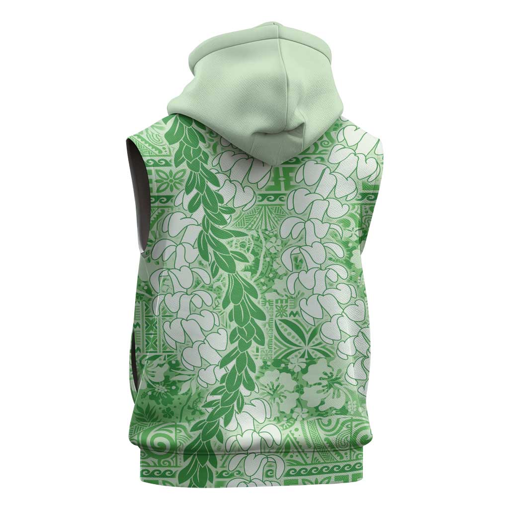 Green Puakenikeni and Maile Lei Sleeveless Zip Hoodie Hawaiian Style Tribal Tapa Double Strand Lei LT9 - Polynesian Pride