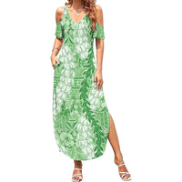 Green Puakenikeni and Maile Lei Summer Maxi Dress Hawaiian Style Tribal Tapa Double Strand Lei LT9 Women Green - Polynesian Pride