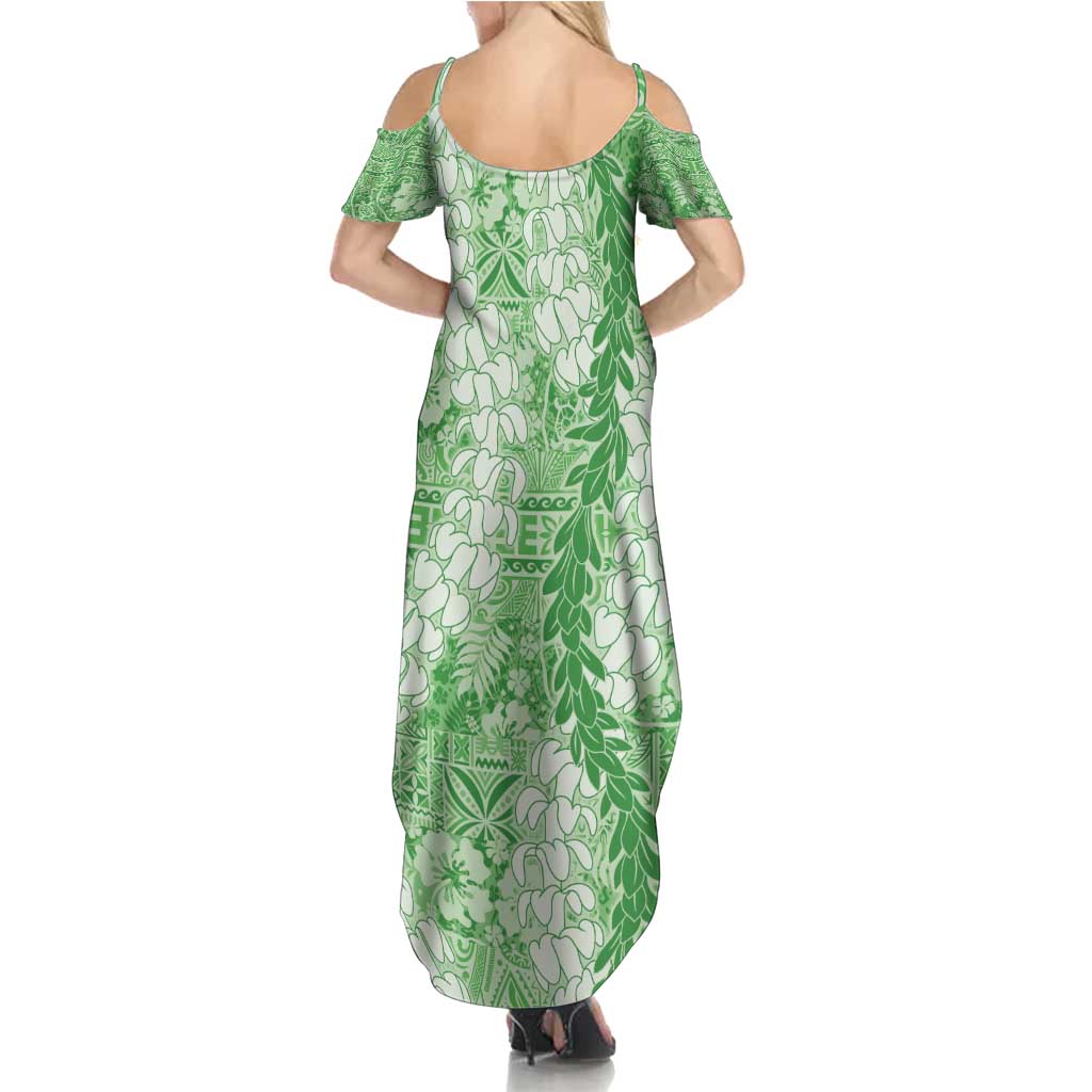 Green Puakenikeni and Maile Lei Summer Maxi Dress Hawaiian Style Tribal Tapa Double Strand Lei LT9 - Polynesian Pride