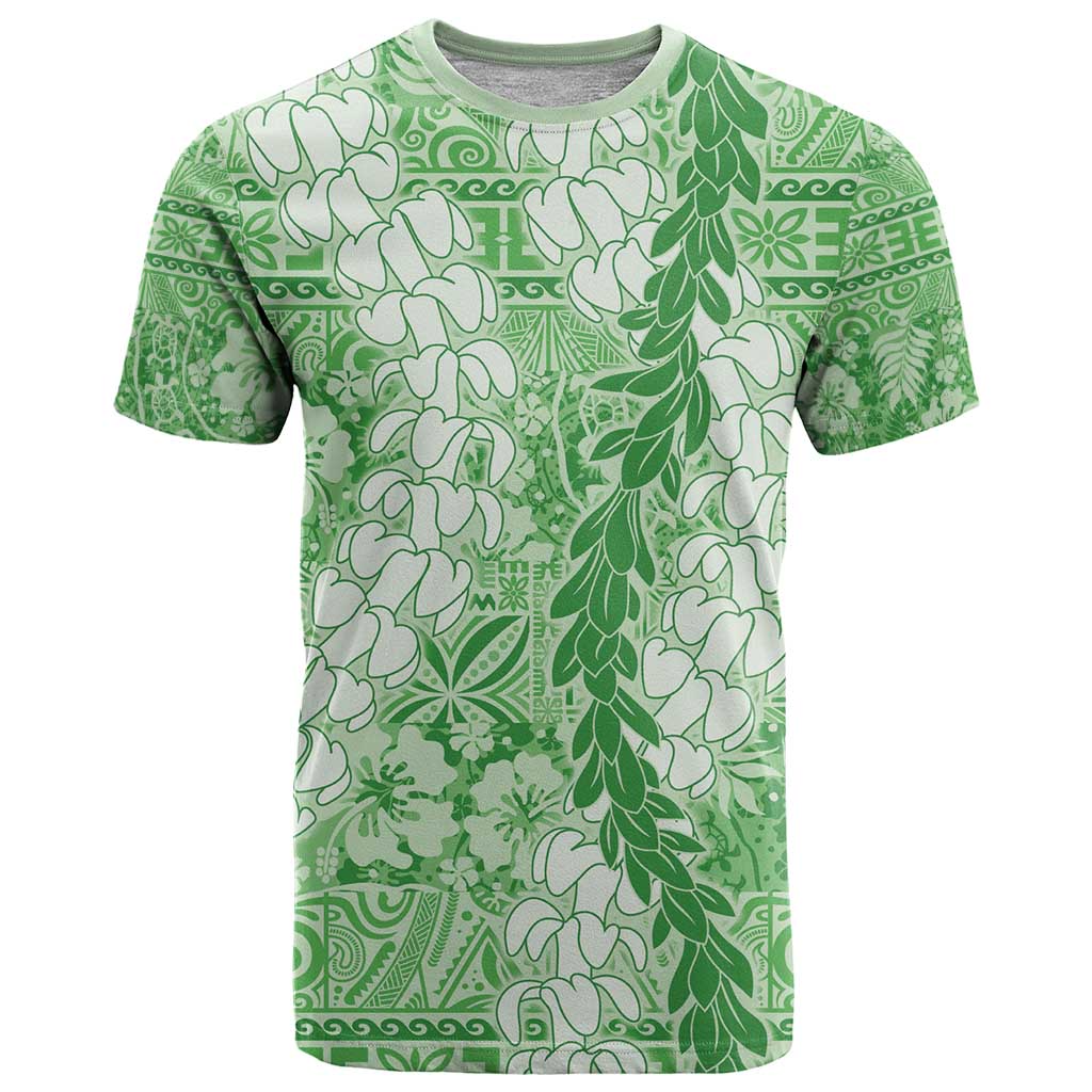 Green Puakenikeni and Maile Lei T Shirt Hawaiian Style Tribal Tapa Double Strand Lei LT9 Green - Polynesian Pride