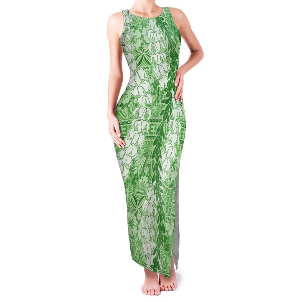 Green Puakenikeni and Maile Lei Tank Maxi Dress Hawaiian Style Tribal Tapa Double Strand Lei LT9 Women Green - Polynesian Pride