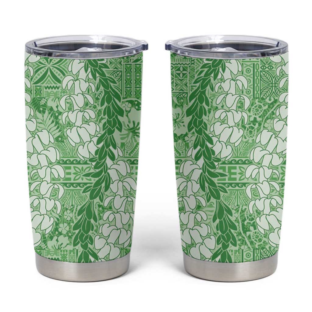 Green Puakenikeni and Maile Lei Tumbler Cup Hawaiian Style Tribal Tapa Double Strand Lei LT9 Green - Polynesian Pride