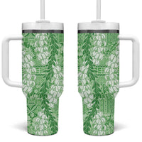 Green Puakenikeni and Maile Lei Tumbler With Handle Hawaiian Style Tribal Tapa Double Strand Lei LT9 One Size: 40 oz Green - Polynesian Pride