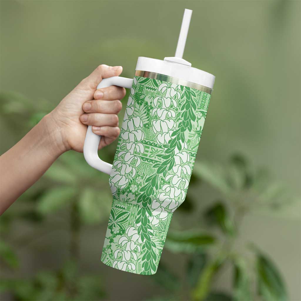 Green Puakenikeni and Maile Lei Tumbler With Handle Hawaiian Style Tribal Tapa Double Strand Lei LT9 - Polynesian Pride