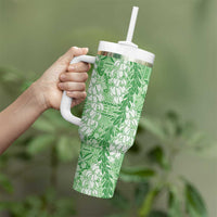 Green Puakenikeni and Maile Lei Tumbler With Handle Hawaiian Style Tribal Tapa Double Strand Lei LT9 - Polynesian Pride