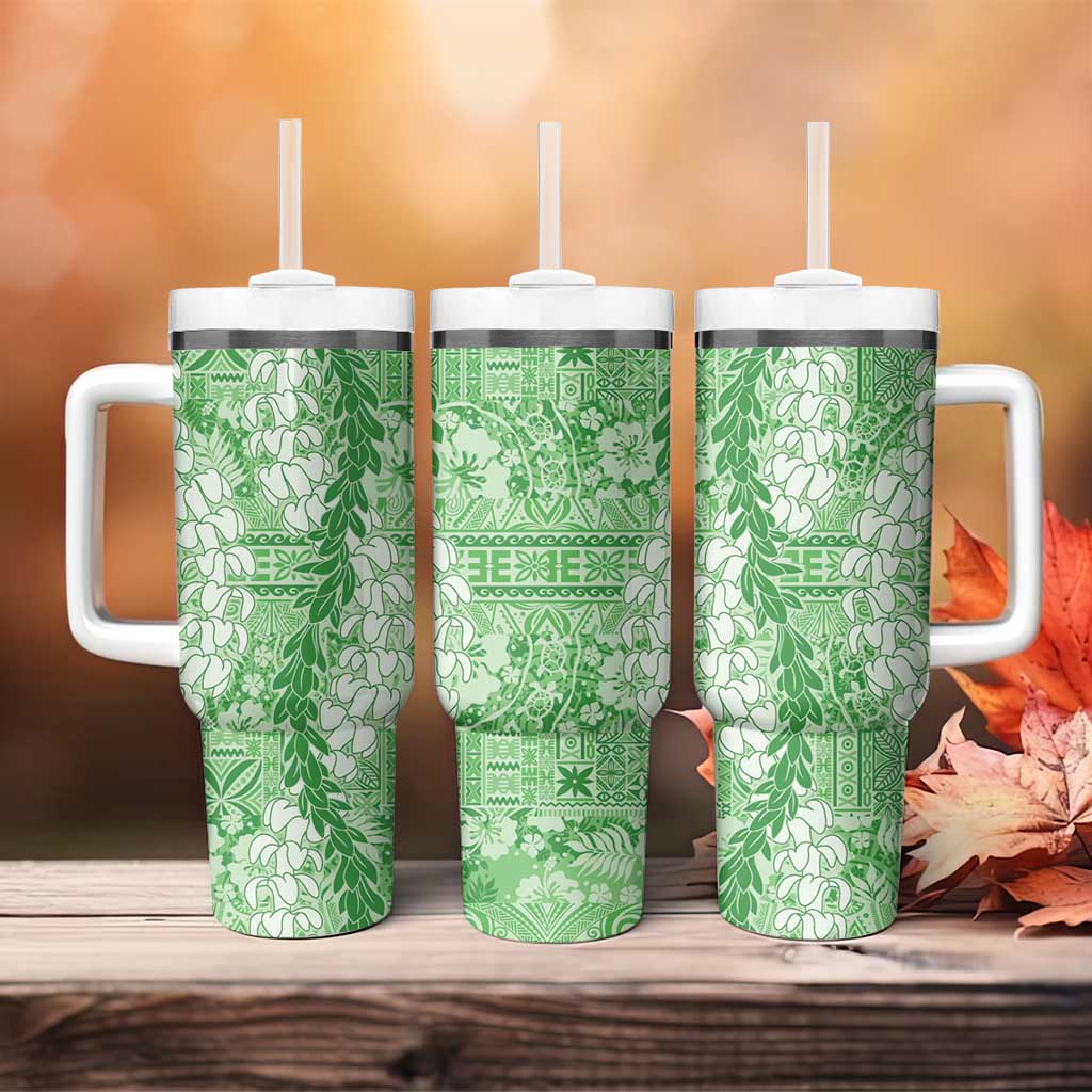 Green Puakenikeni and Maile Lei Tumbler With Handle Hawaiian Style Tribal Tapa Double Strand Lei LT9 - Polynesian Pride