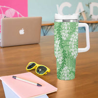 Green Puakenikeni and Maile Lei Tumbler With Handle Hawaiian Style Tribal Tapa Double Strand Lei LT9 - Polynesian Pride