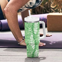 Green Puakenikeni and Maile Lei Tumbler With Handle Hawaiian Style Tribal Tapa Double Strand Lei LT9 - Polynesian Pride