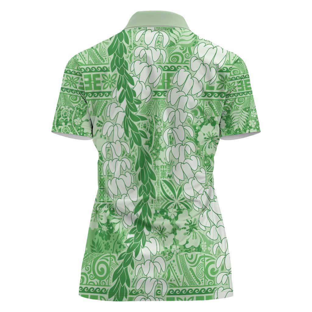 Green Puakenikeni and Maile Lei Women Polo Shirt Hawaiian Style Tribal Tapa Double Strand Lei LT9 - Polynesian Pride