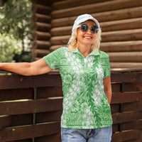 Green Puakenikeni and Maile Lei Women Polo Shirt Hawaiian Style Tribal Tapa Double Strand Lei LT9 - Polynesian Pride