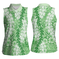 Green Puakenikeni and Maile Lei Women Sleeveless Polo Shirt Hawaiian Style Tribal Tapa Double Strand Lei LT9 - Polynesian Pride