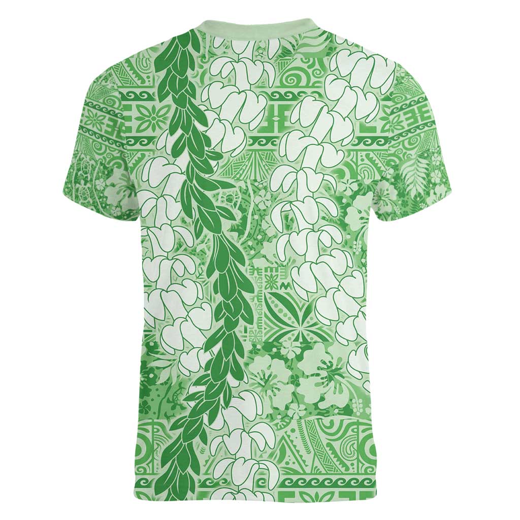 Green Puakenikeni and Maile Lei Women V-Neck T-Shirt Hawaiian Style Tribal Tapa Double Strand Lei LT9 - Polynesian Pride